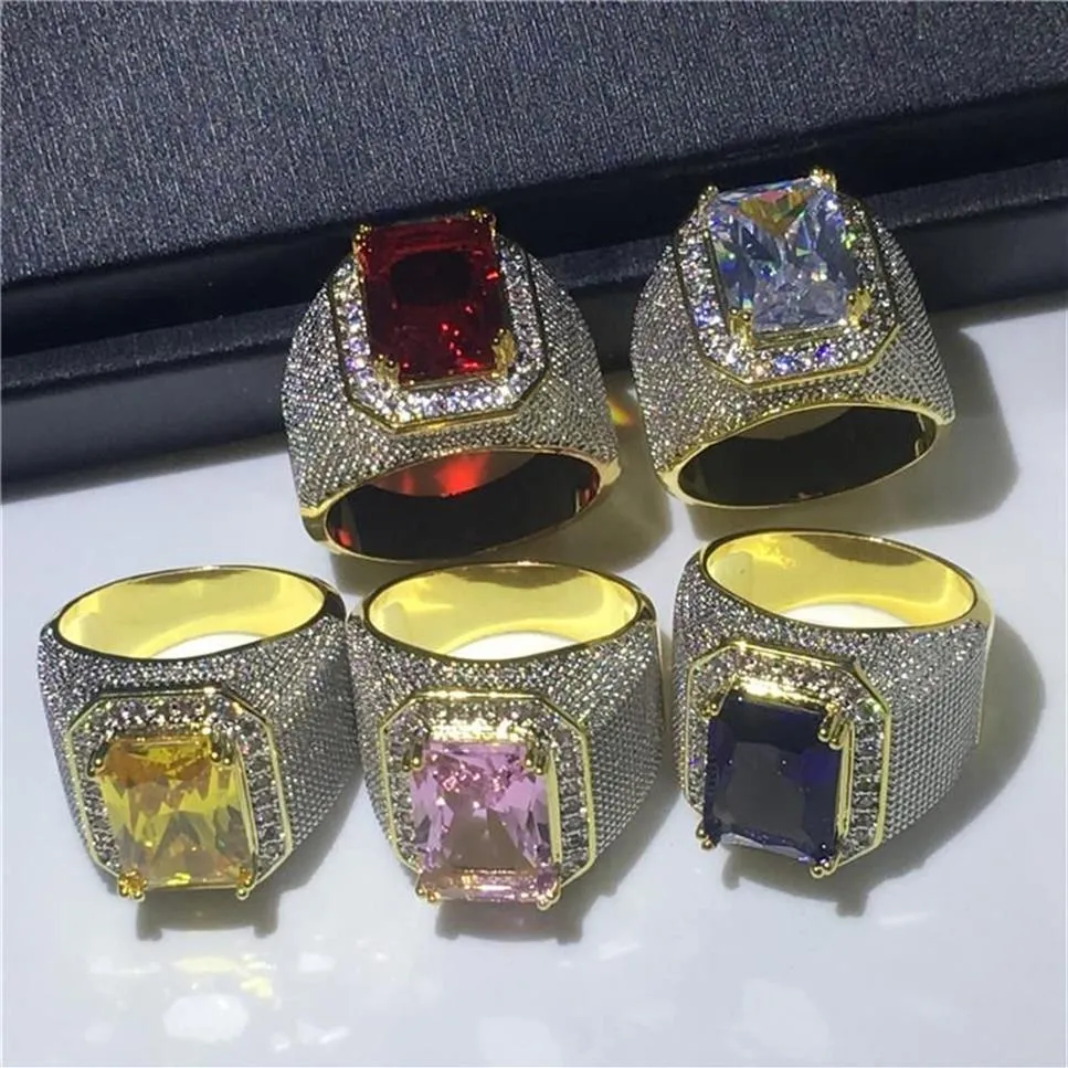 Cluster Rings Luxury Big Male Purple Yellow Geometric Ring Zircon Stone Engagement 18K Gold Large Wedding For Men176y