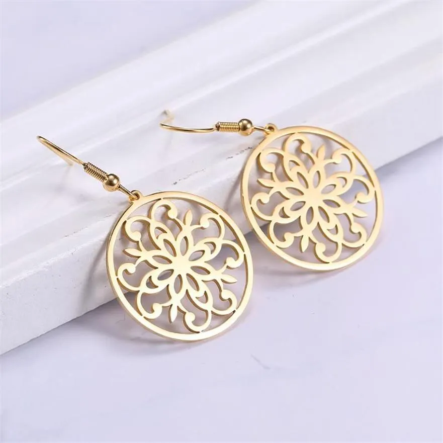 Dangle Chandelier Lucktune Retro Flower Drop Earrings Filigree Stainless Steel Round Hoop For Women Gift Fashion Jewelry Accesso267a