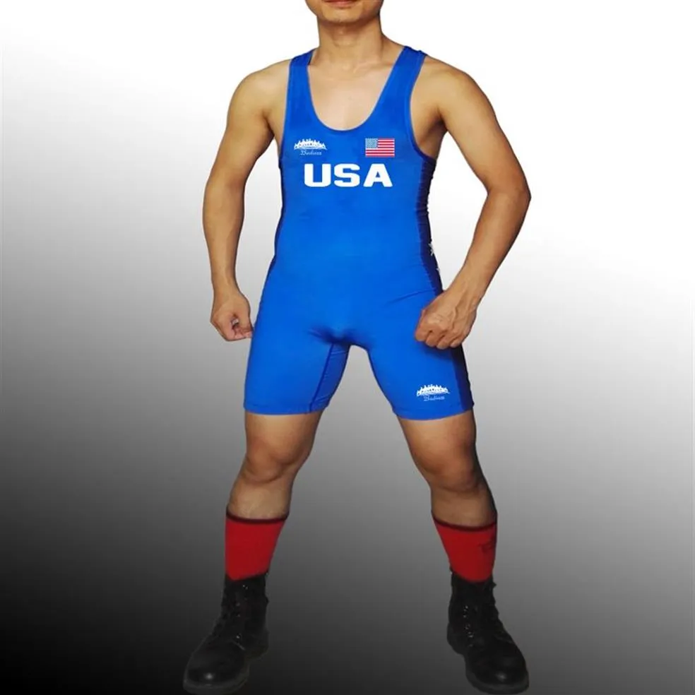 Badiace USA Star Tight Wrestling Singlet Gym Power Weight Lifting Outfit Man Tights One Piece Wrestling Gear Can Custom LOGO276N