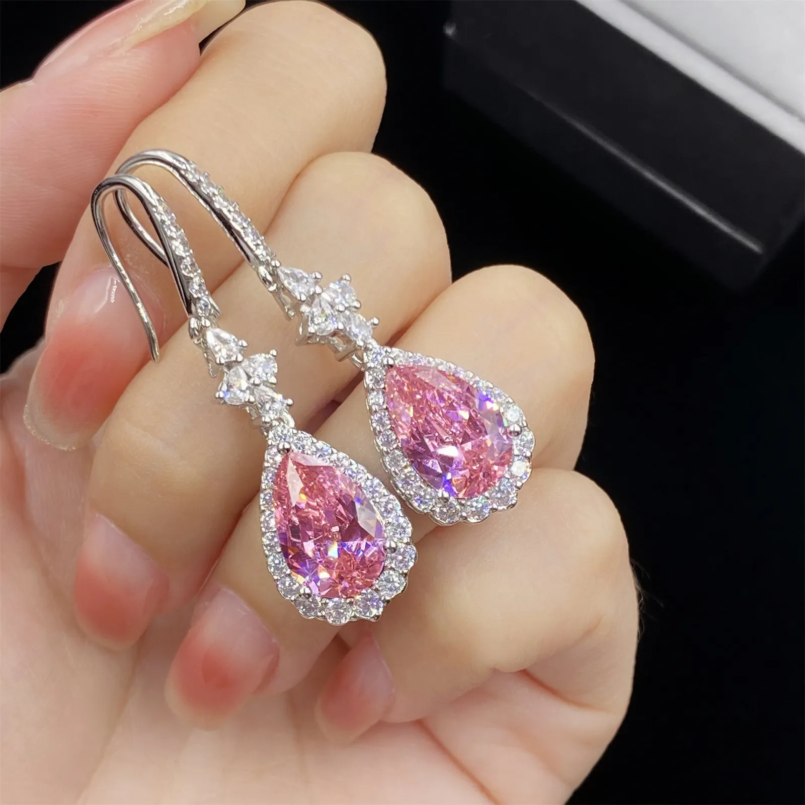 Feminino doce conjunto de jóias de casamento gota de água forma rosa cristal zircão diamante pingente colar brincos anel aberto namorada bithday presente