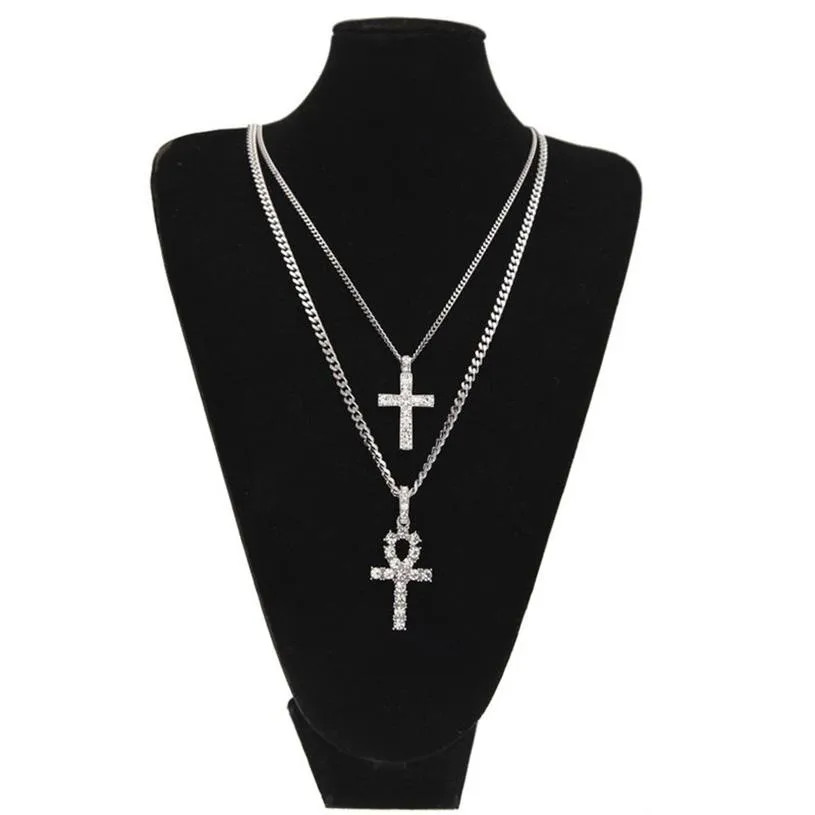 Ankh egiziano con collana con pendente a croce set chiave di cristallo con strass per la vita Set di gioielli hip-hop con collane con croce egiziana2768