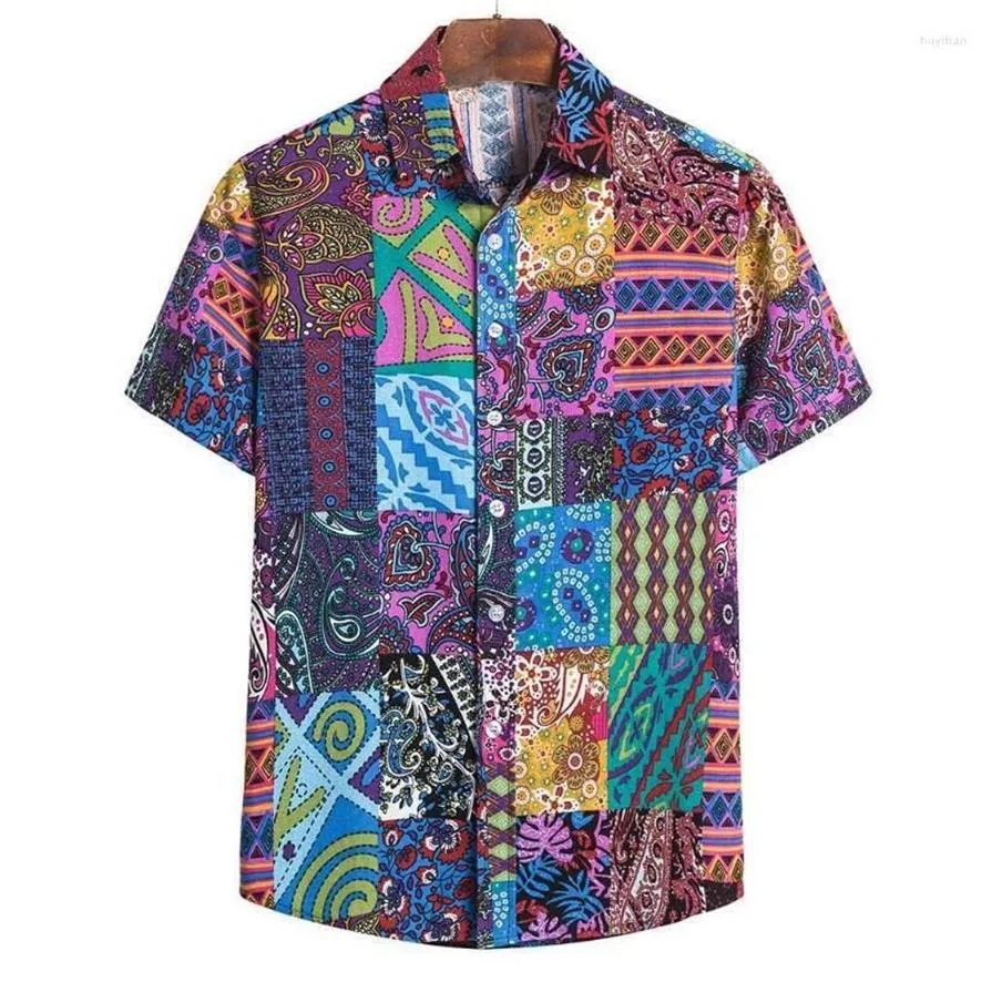 Мужские футболки Мужская уличная футболка Гавайи с коротким рукавом Лето с цветочным принтом Свободный стиль Этническая повседневная хлопковая льняная футболка с принтом в гавайском стиле 242w