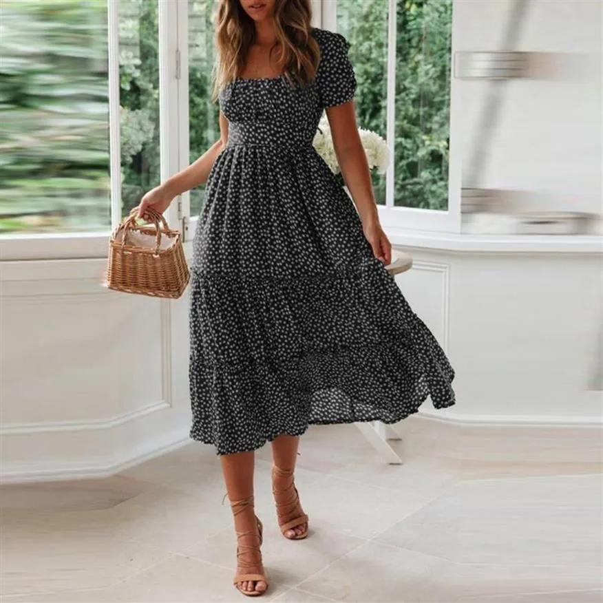 Casual Dresses Women Polka-Dot Dress Sexig Short Sleeve Square Neck Elegant Long Flowy Temperament Summer Robe Femme #G2280E