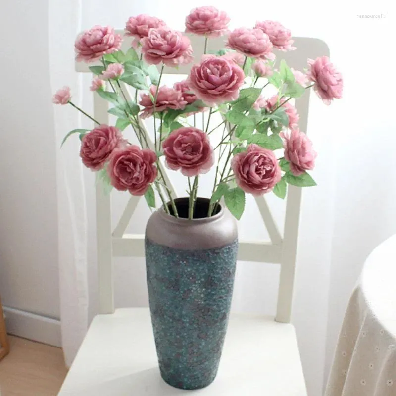 Fleurs décoratives Bouquet artificiel 65CM avec 3 têtes de pivoine et feuilles vertes pour décoration de mariage rustique