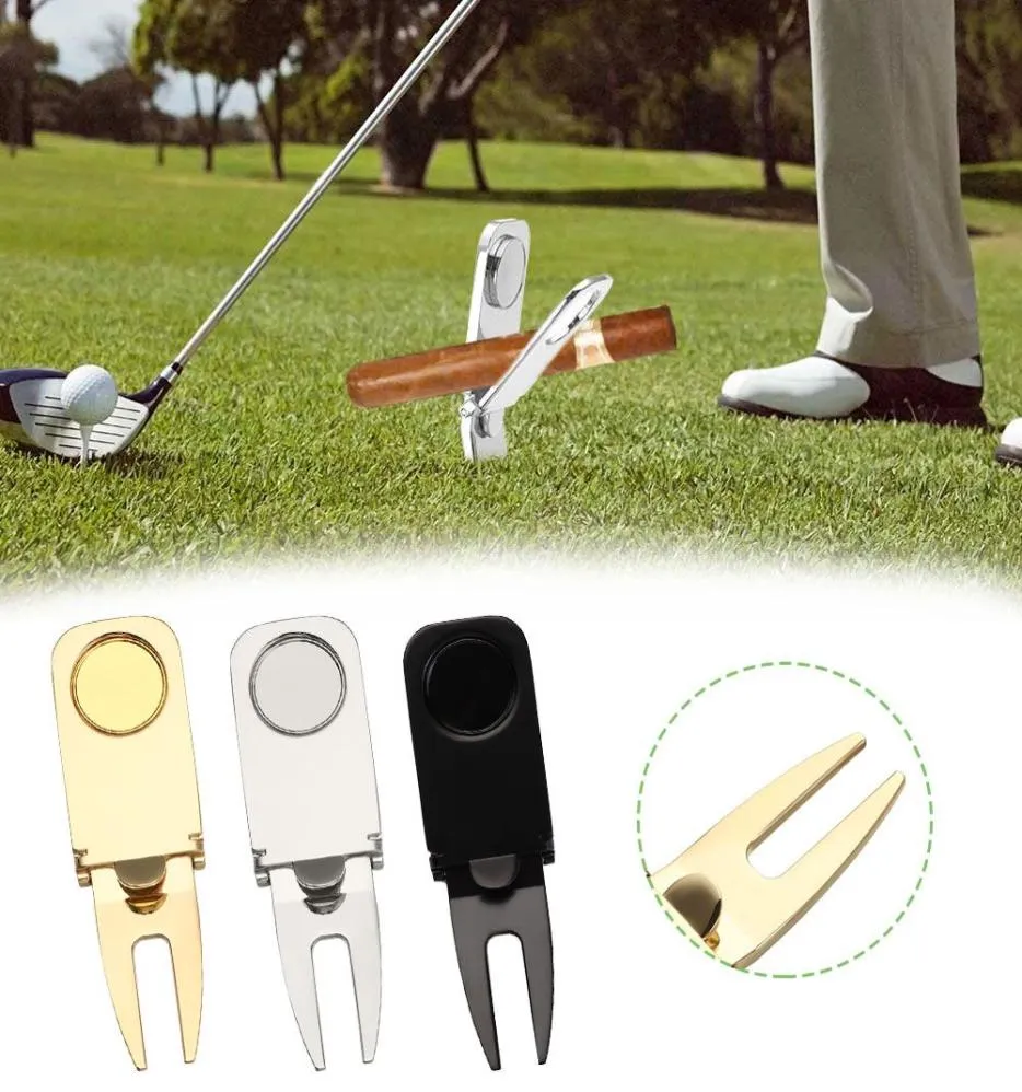 Golf Cigar Holder And Divot Tool With Foldable Design And Pitch Groove Cleaner