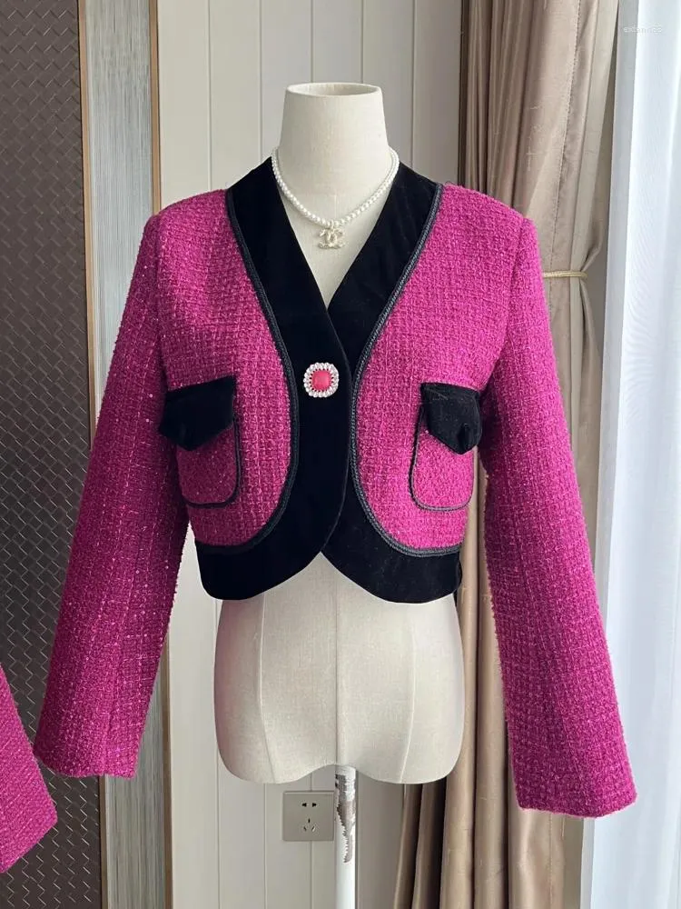 Damenjacken Frankreich Designer Frühling Herbst Tweed Kurzjacke Mantel Luxus Frauen V-Ausschnitt Rosa Diamanten Knopf Langarm Crop Tops Outwear