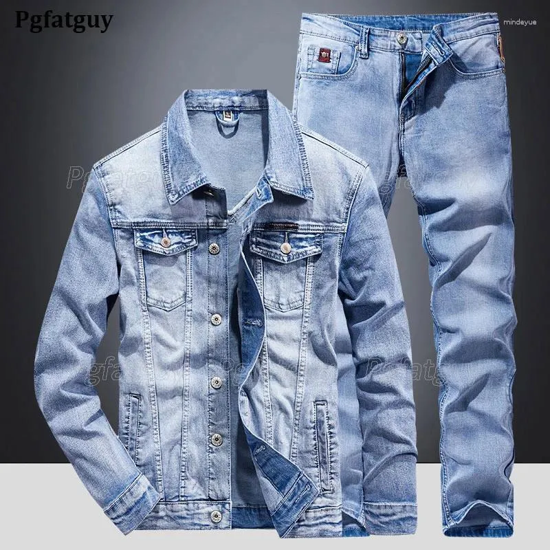 Herrespår ljusblå enkel casual 2 st set Stretch Slim Fit Lång ärmjacka och jeans Vårens höstbussighet Daglig denimdräkt