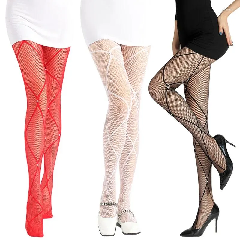 Chaussettes Sexy pour femmes, bas en losange, grille creuse, décoration en strass, collants de pied noirs en dentelle, résille, petite maille