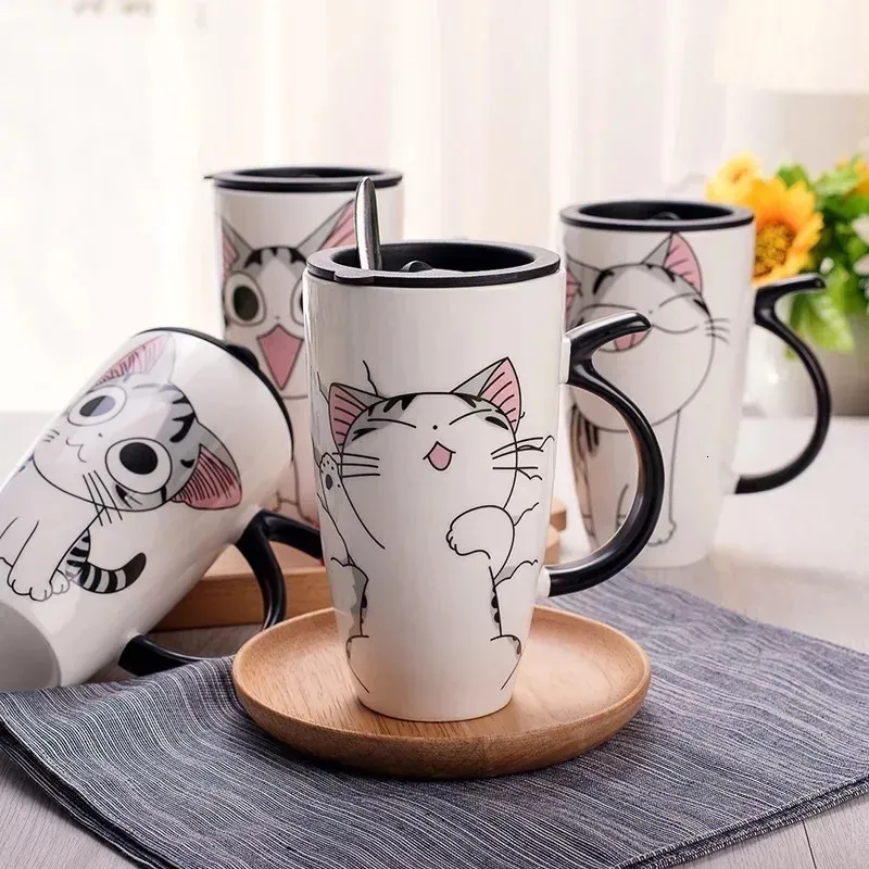 Canecas 600ml bonito gato cerâmica caneca de café com tampa grande capacidade animal criativo drinkware xícaras de chá novidade presentes copo de leite 231013