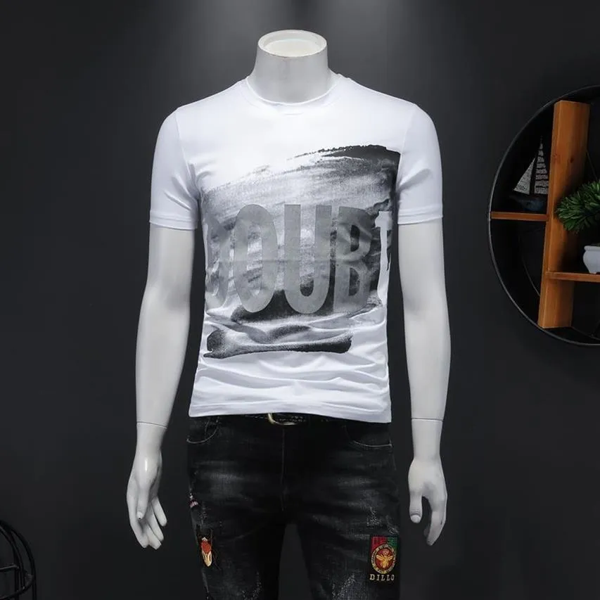 2023 Summer New Men's Tops kortärmade t-shirts runda hals smala fashionabla stiliga bokstaven trycker merceriserad bomull halv237c