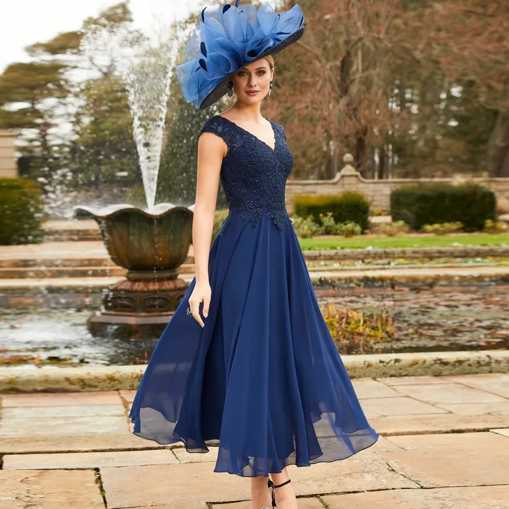 Elegant Navy Chiffon Mother of the Bride Dress with Embellished Lace Bodice and V Neckline for Wedding or Prom