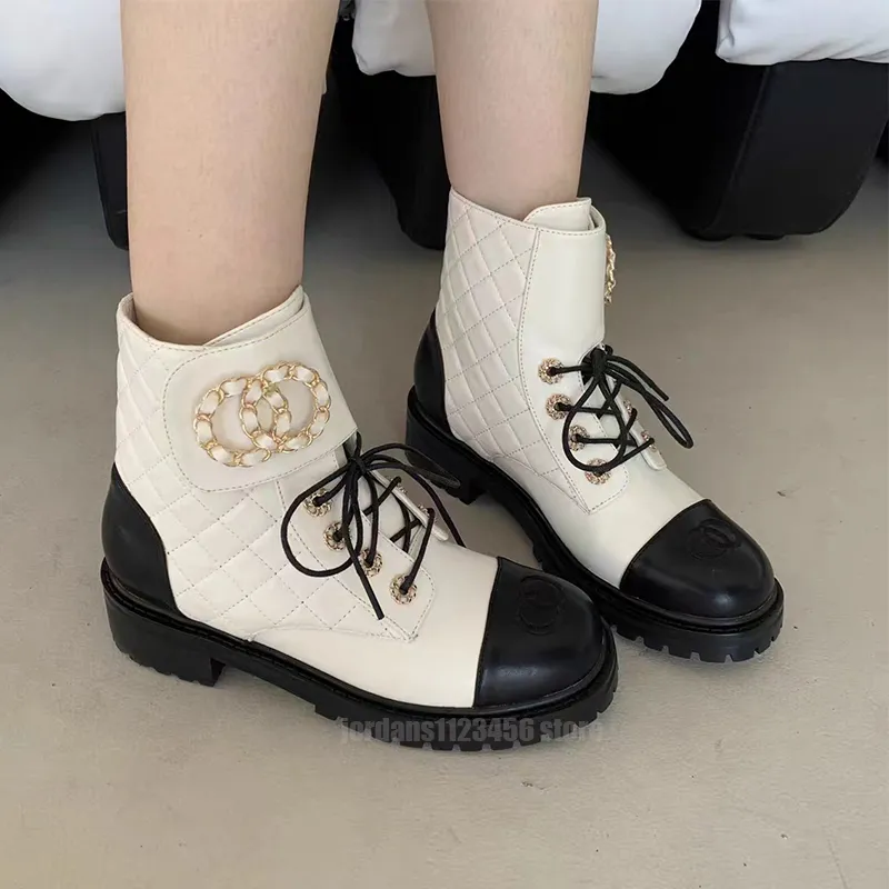 Luxury Designer Leather Platform Diamond Lace-Up British Style Mid-fat Booties Autumn and Winter Round Toe Booties mode Black White Motorcykelstövlar