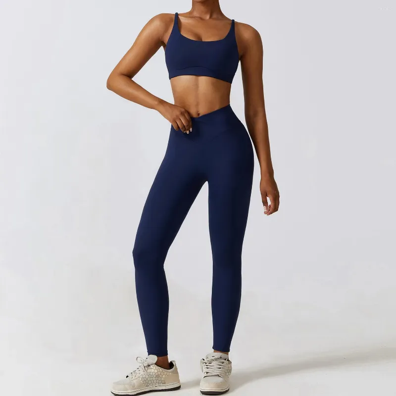 Aktiva uppsättningar Yoga Gym Set Women Push Up Activewear Workout Womens Lycra Sport Outfit For Woman Sportswear Tvådel Navy