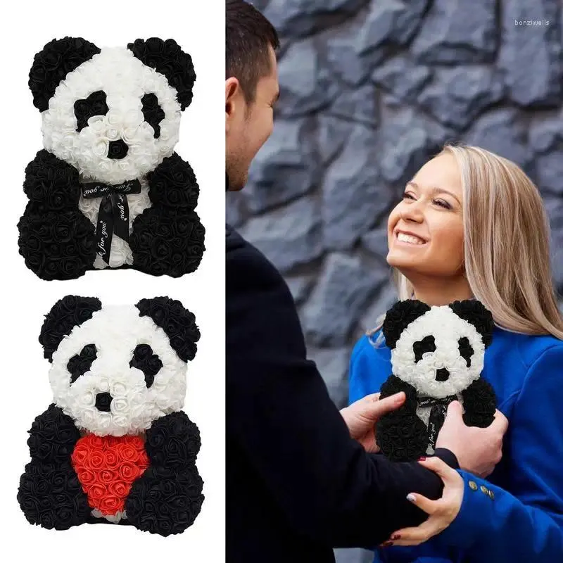 Dekorativa blommor Flower Bear 9.84 tum Artificial Rose Panda med Bowknot/ Heart Decor Handmade Doll för alla hjärtans dag 2023