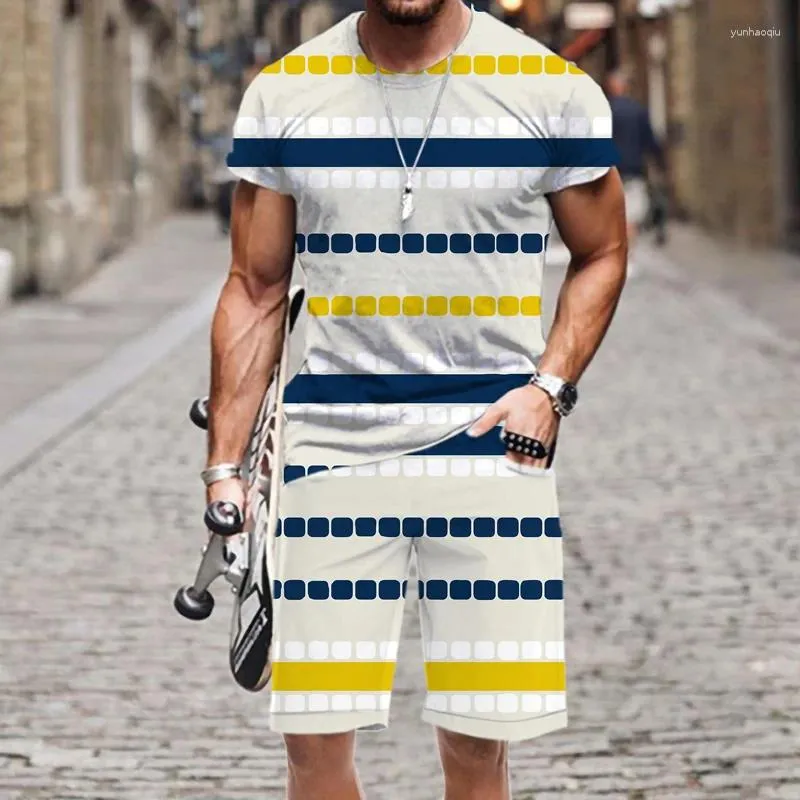 Erkek Trailsits T-Shirt şort seti spor giyim retro şerit desen hip-hop yaz kısa kollu 2023 komik lüks plaj sokak o boyun