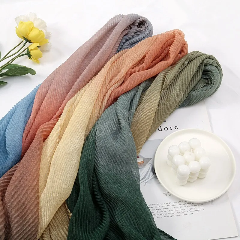 Fashion Color Blocked Wrinkle Viscose Scarf Women Ombre Gradient Shawls Lady Pleated Hijabs and Wraps Bufandas Muslim 160*75Cm