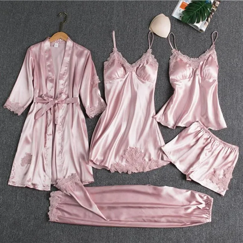 Dames Nachtkleding 5pcs Kimono Robe Gown Satijnen Pyjama Set Vrouwen Pour Femme Kanten Afwerking Intieme Lingerie Loungewear V-hals Bathr270m