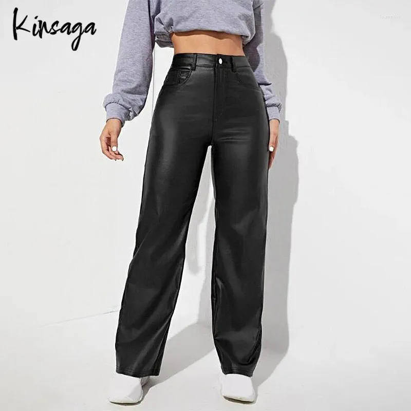 Pantaloni da donna Semplici a vita alta PU Ecopelle Streetwear Donna Gamba larga modellante Pantaloni skinny dritti femminili a tutta lunghezza impermeabili