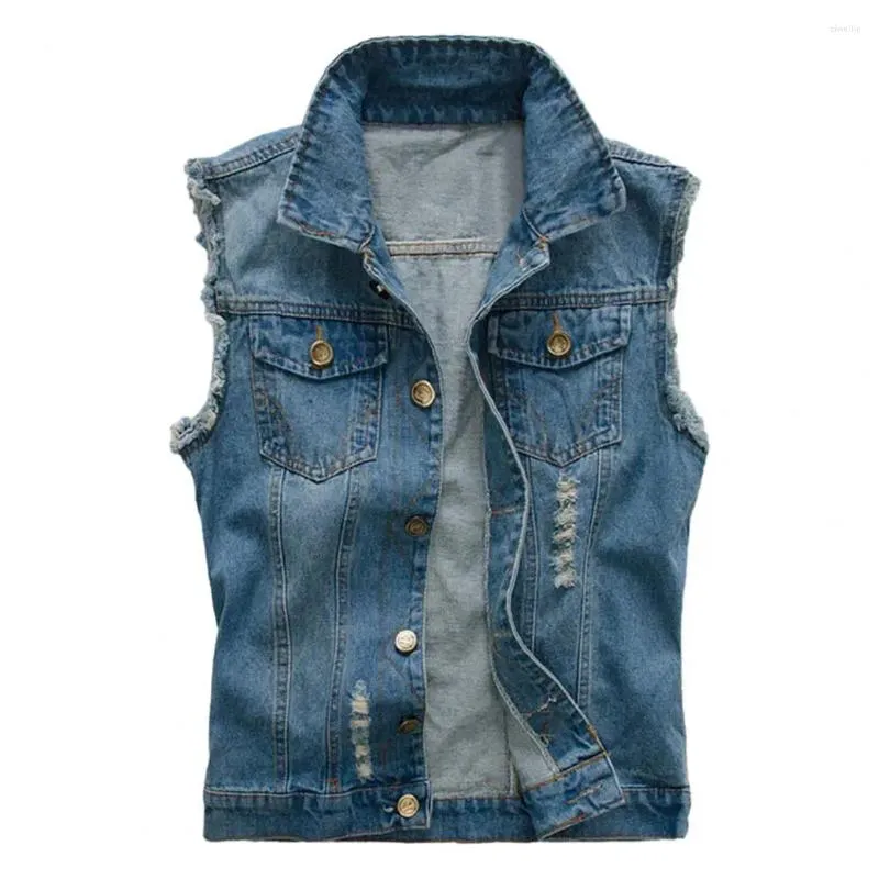 Gilets pour hommes Hommes Gilet Manteau Ripped Sans manches Poches à poitrine unique Revers Hip Hop Streetwear Cardigan Denim Gilet Veste d'automne