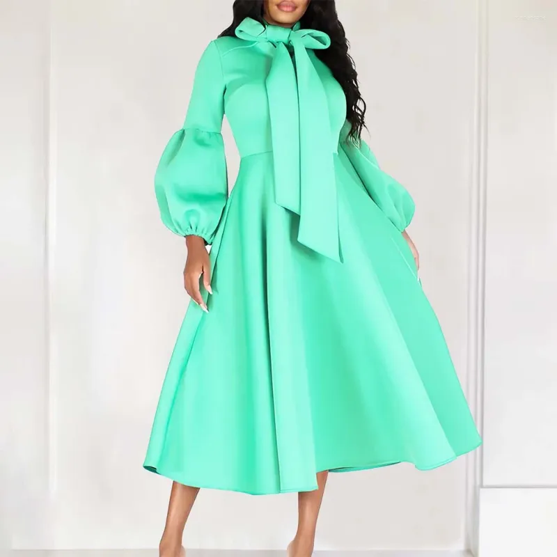 Casual Dresses Vintage For Women Bow Collar Full Sleeve High Waisted Pleated A Line Mid Calf Luxury Birthday Party Dinner Vestidos