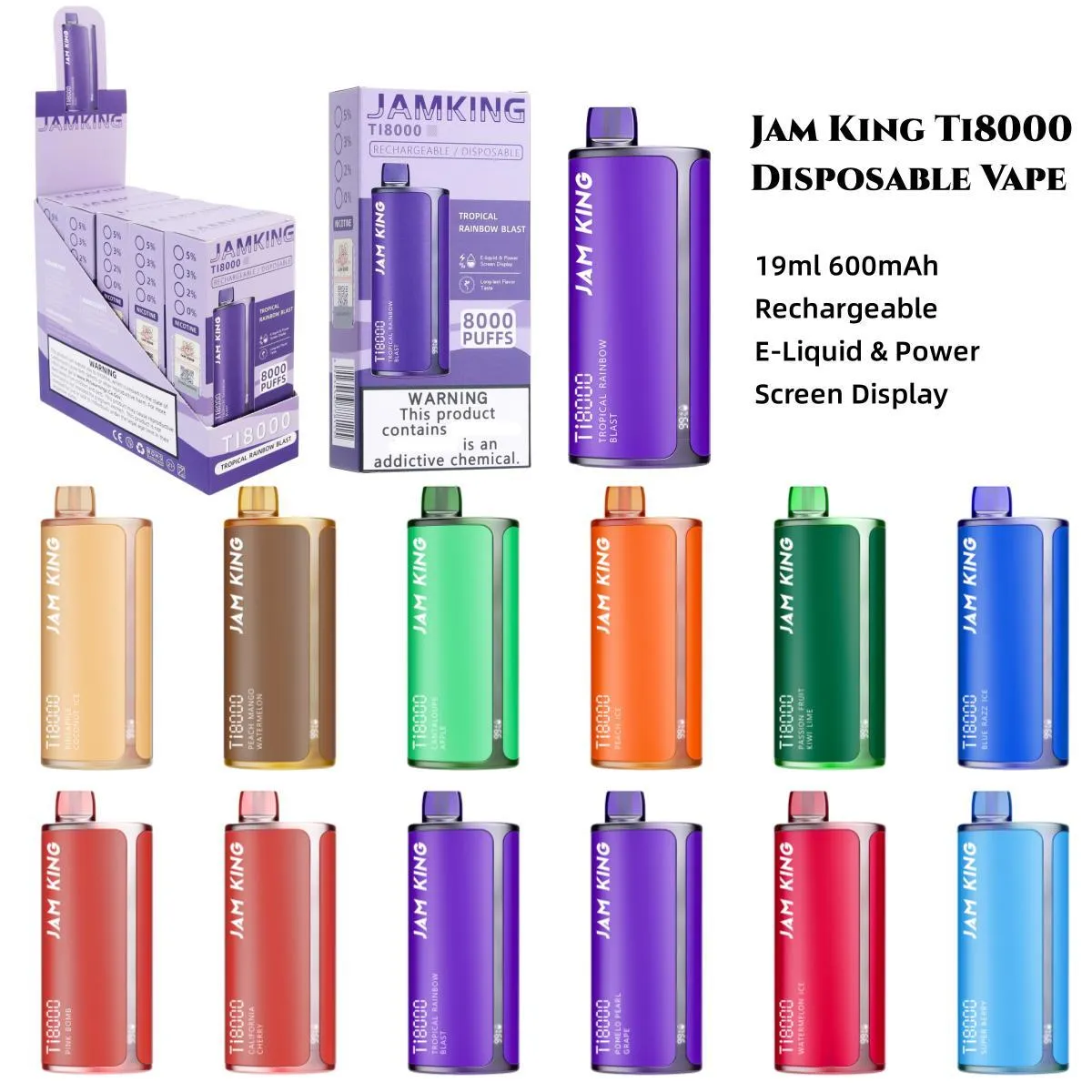 Original Jam King Vape Desechable Ti8000 Vapes Einweg-Puff 9k 19 ml vorgefüllte Netzspule mit Bildschirmanzeige 8000 Züge wiederaufladbar im Vergleich zu Randm Tornado Crystal Pen