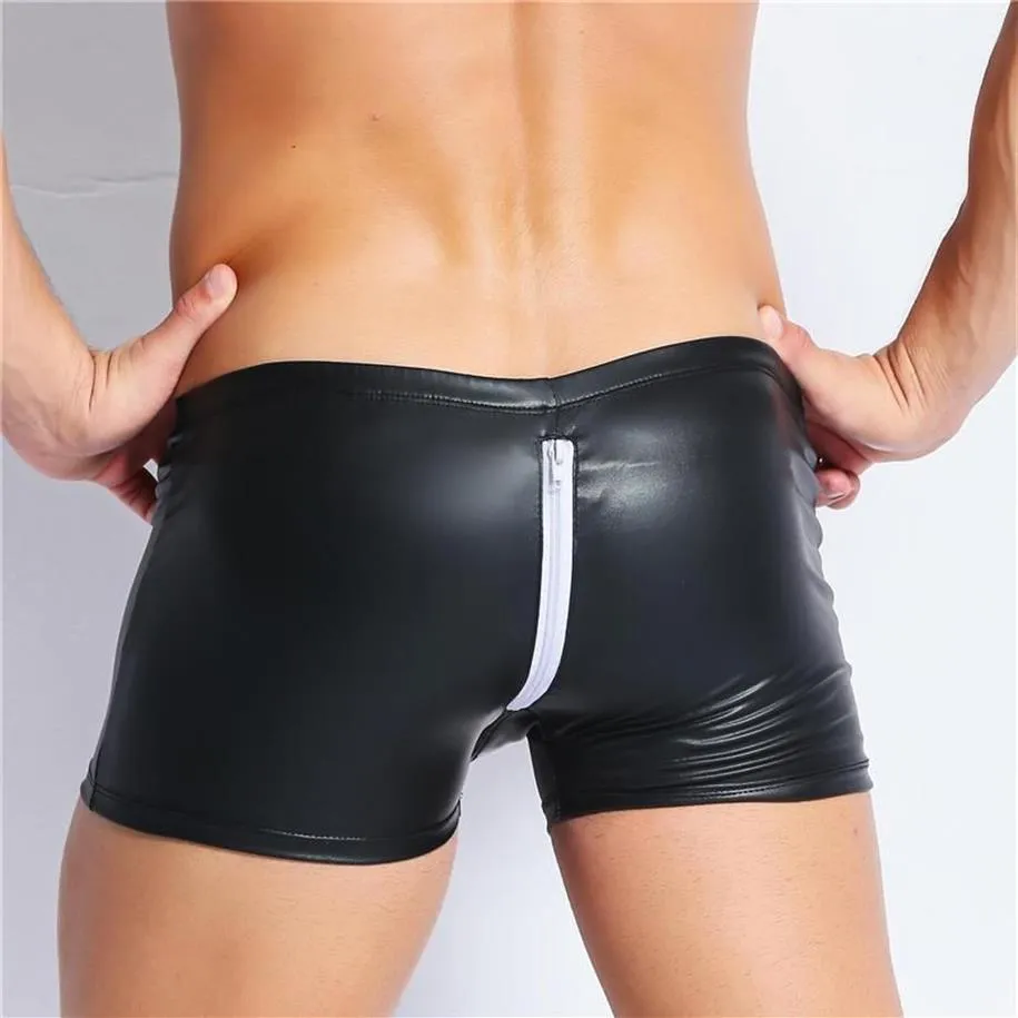 Sous-vêtements Ouvert Entrejambe Sissy Boxer Shorts PVC Cuir Fétiche Hommes Wetlook Crotchless Latex Culotte Sous-Vêtements Mâles Porno Gay Costume288q