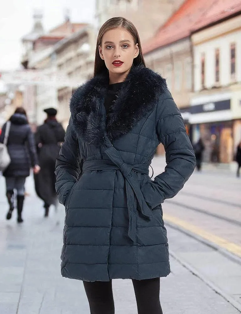 Women's Trench Coats Giolshon Long Faux Leather Puffer Jacket Women Bubble Padding Coat Detachable Fur Collar Down Waterproof Outerwear