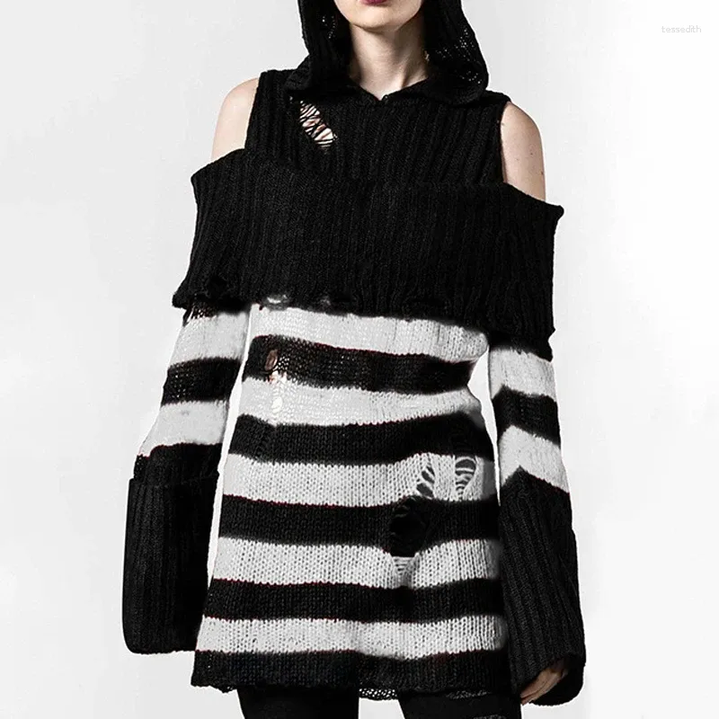 Women's Sweaters Goth Dark Color Blcok Striped Mall Gothic Sweater Dresses Open Shoulder Frayed Hooded Knitted Tops Women Grunge Loose