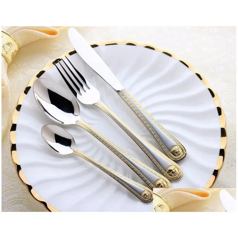 Zestawy zastawy stołowej Zestawy zastawy obiadowej Hurt 2021 Sprzedaż 4PCS Gold Cutlery ze sztućmi ze sobą sztućce Zestaw oprogramowania stołowego łyżka łyżka home garde dhdvb