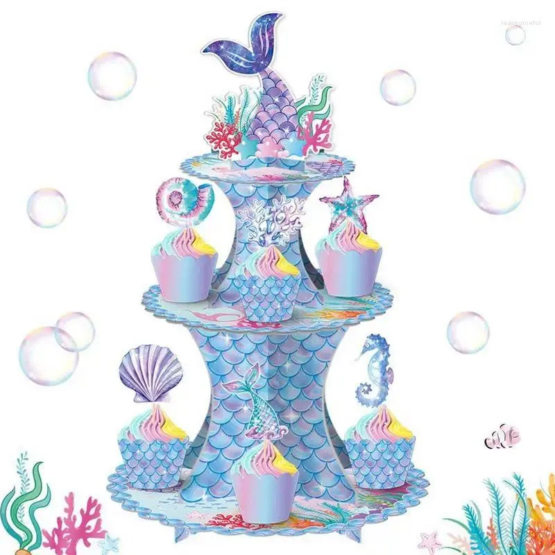 Festliga leveranser Mermad Cupcake Tower Mermaiid Display Stand under Sea Theme Dessert Storage Rack Tray