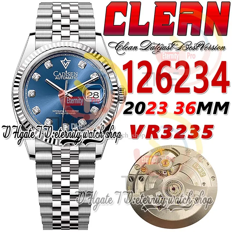 Clean CF 126234 VR3235 Montre automatique unisexe pour homme et femme, cadran bleu cannelé de 36 mm, marqueurs de diamants, bracelet en acier jubilé 904L, super édition eternitywatches