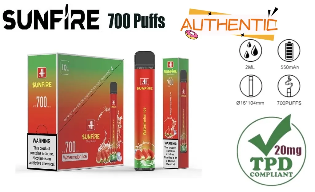 Sunfire TPD Certificat 700 Puffs E-cigarettes Kits Pentes de vape jetables 0% 2% 3% 5% Vaporisateur lumineux Light Pré-rempli USE EU UK Wholesale Direct