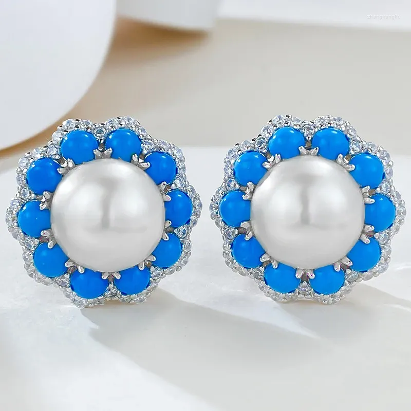 Pendientes colgantes 2023 con incrustaciones de turquesa azul, pendientes de perlas de 12mm, cuerpo completo, Clip elegante de moda de plata 925