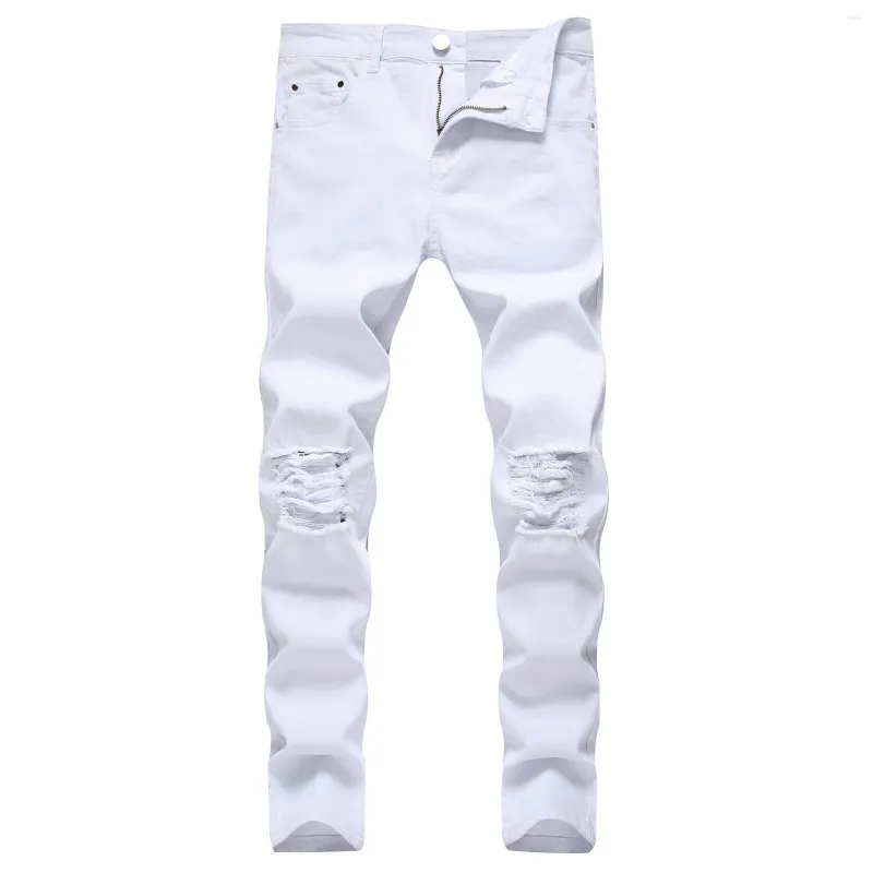 Pantaloni da uomo Personalità da uomo Streetwear Jeans skinny strappati bianchi Pantaloni denim da moto casual punk Pantalones Hombre