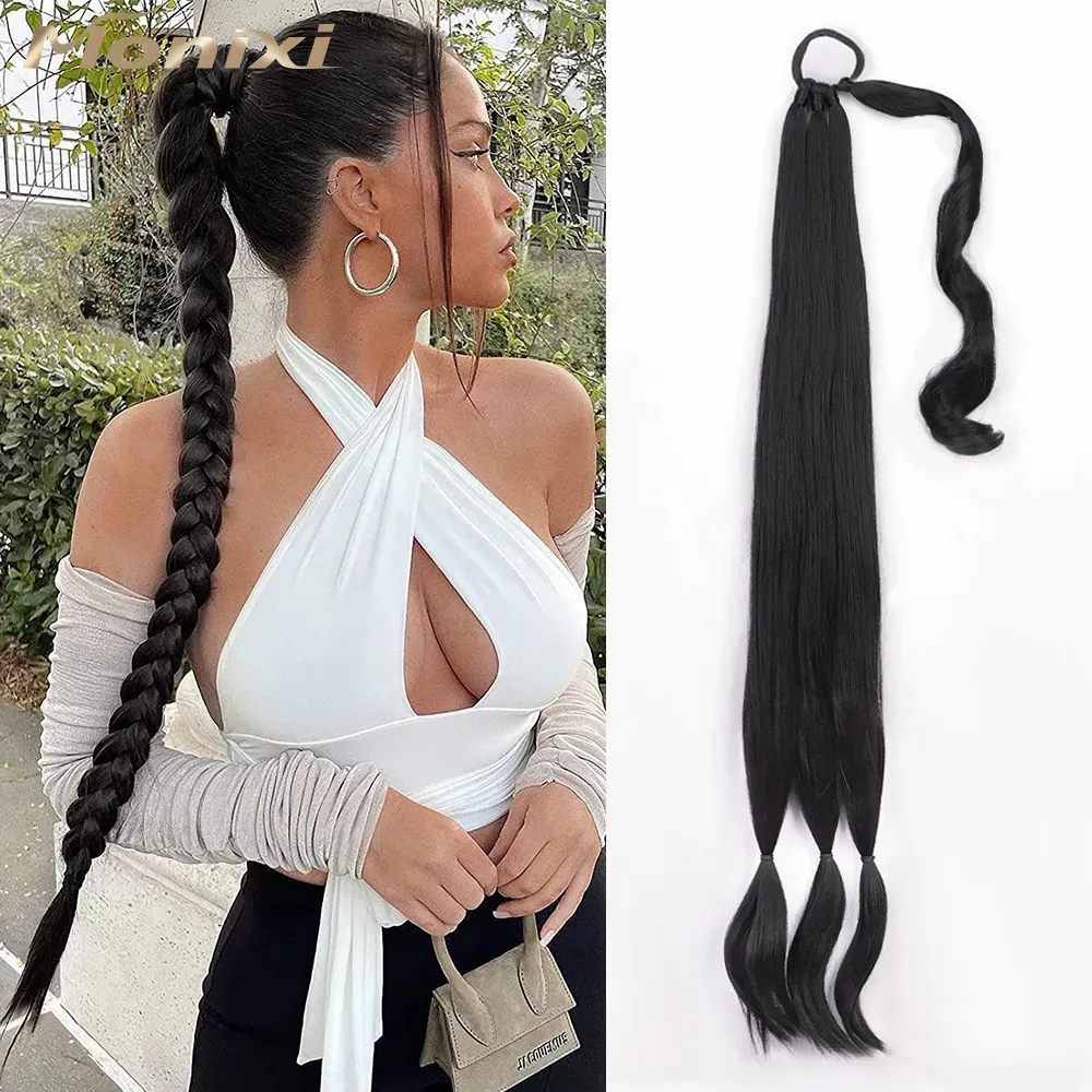 Hair Bulks MONIXI Synthetic Braided tail Long Black Hairpiece Tail with Tie for Women High Temperature Fiber 231013