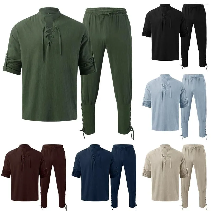 Tracksuits masculinos blusa casual algodão camisa de linho calças terno manga longa 2 peças conjunto outono carcela inclinada camisas vintage 2023