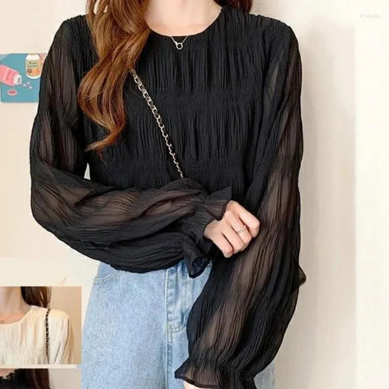 Women's Blouses Korean Fashion Chiffon Blouse Women 2024 Pleated Woman Shirt Elegant Tops Loose Long Sleeve Clothes Blusas 27035