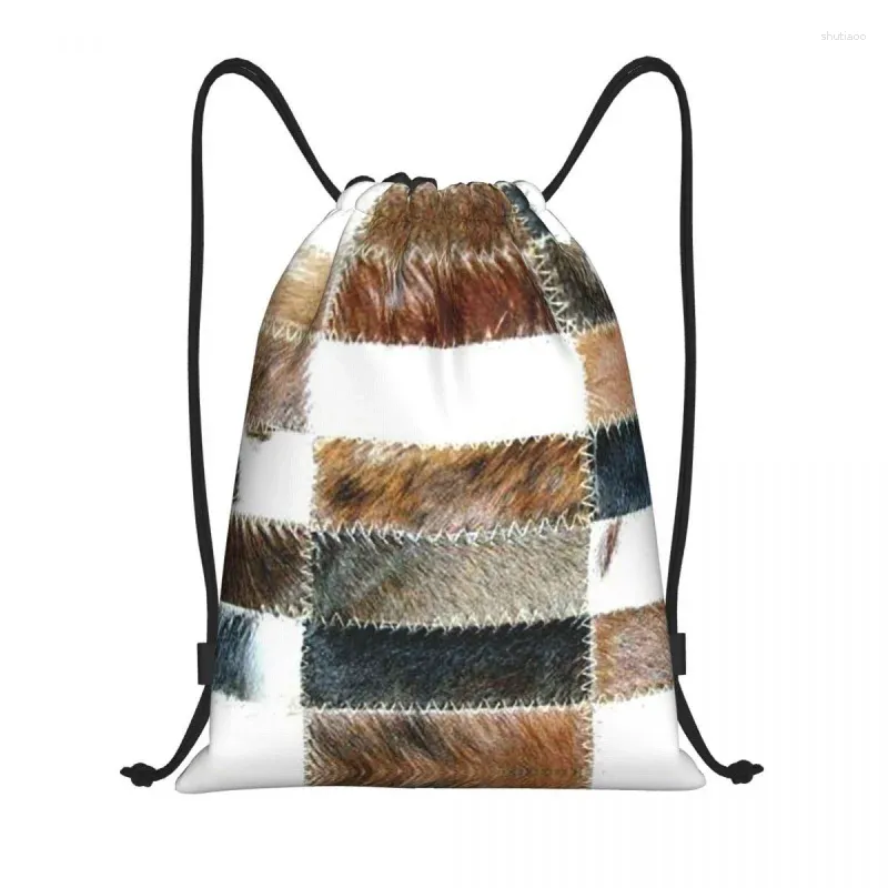 Shopping Bags Custom Cowhide Patchwork Texture Drawstring Bag Men Women Lightweight Animal Fur Leather Sports Gym Storage Backpack