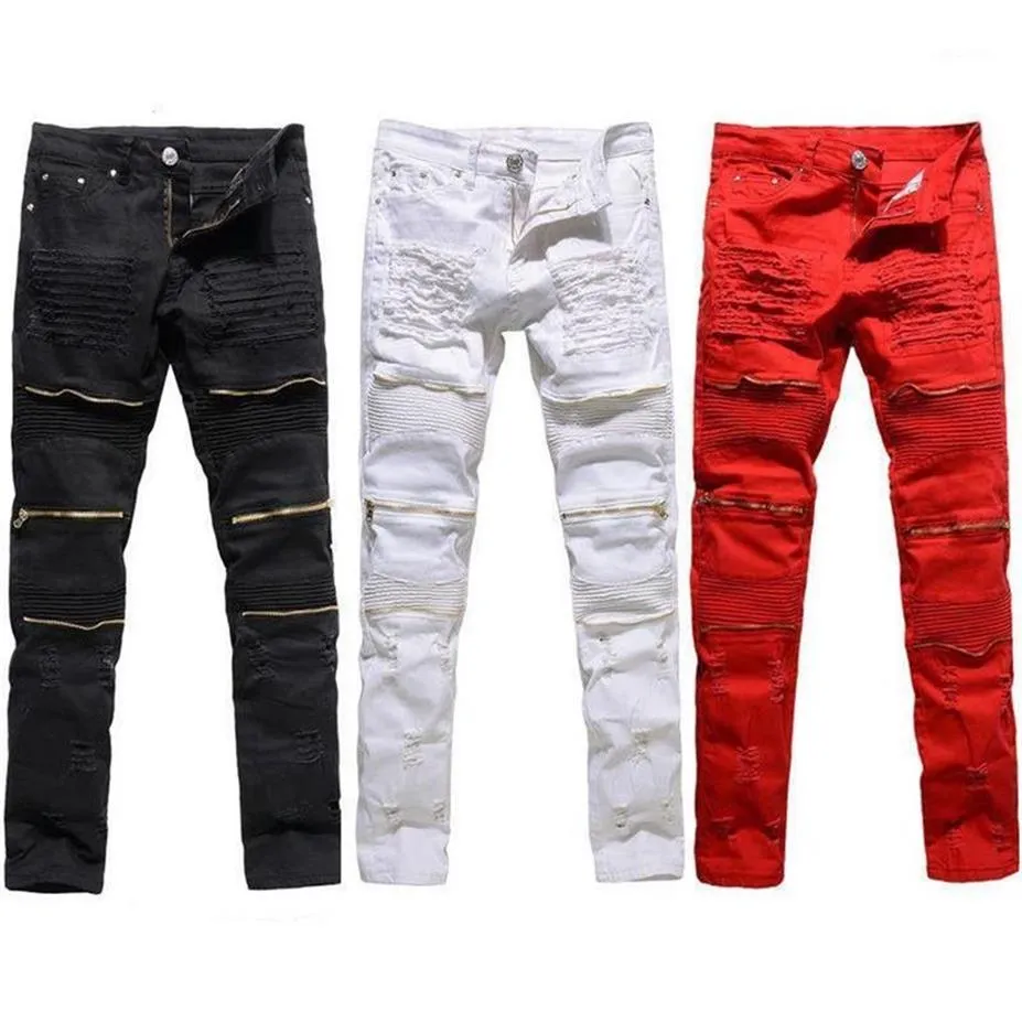 Trendy Männer Mode College Jungen Skinny Runway Gerade Reißverschluss Denim Hosen Zerstört Zerrissene Jeans Schwarz Weiß Rot Jeans1251c264K