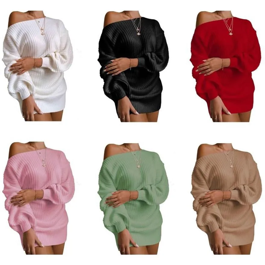 Casual Dresses Off Shoulder Lantern Sleeve Knit Sweater Dress Ladies Mini Long Kjol 2021 Fall Winter Women315Z