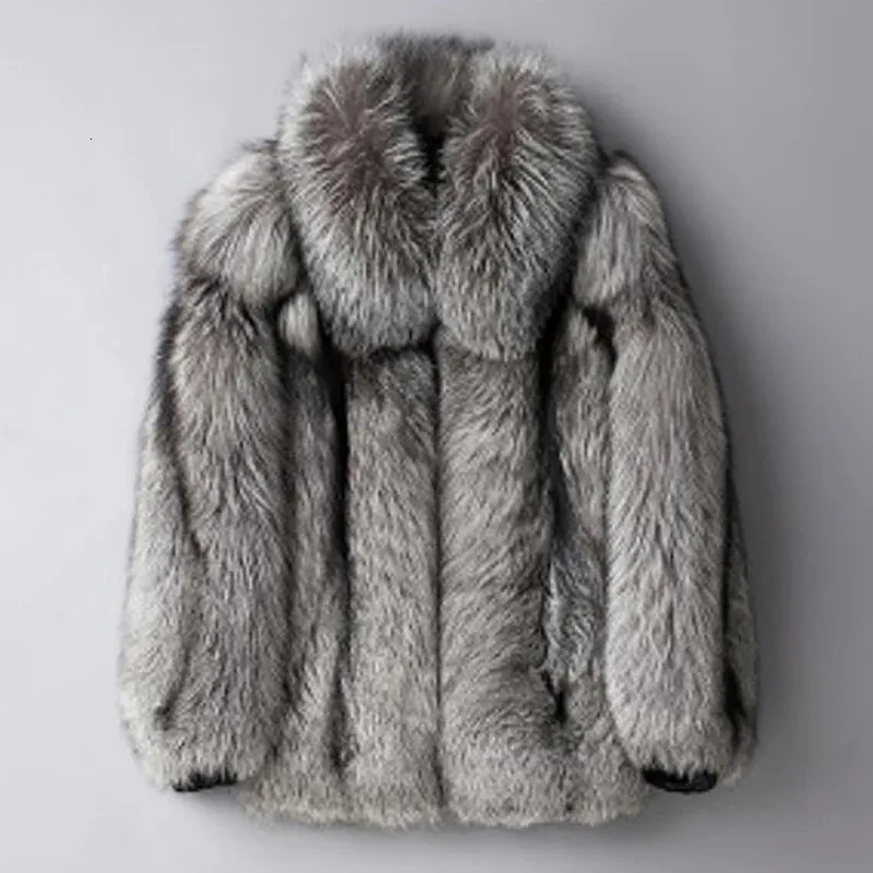 Herrläder faux högkvalitativ päls pälsrockar och jackor Mens Silver Grey Fluffy Top Coat Stäng ner krage tjock varm vinterjacka man 231016