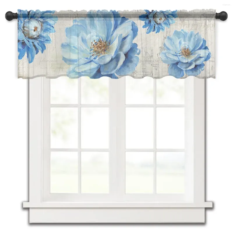 Rideau rétro pivoine bleu fleur chambre Voile fenêtre courte en mousseline de soie rideaux pour cuisine décor à la maison petits rideaux en Tulle
