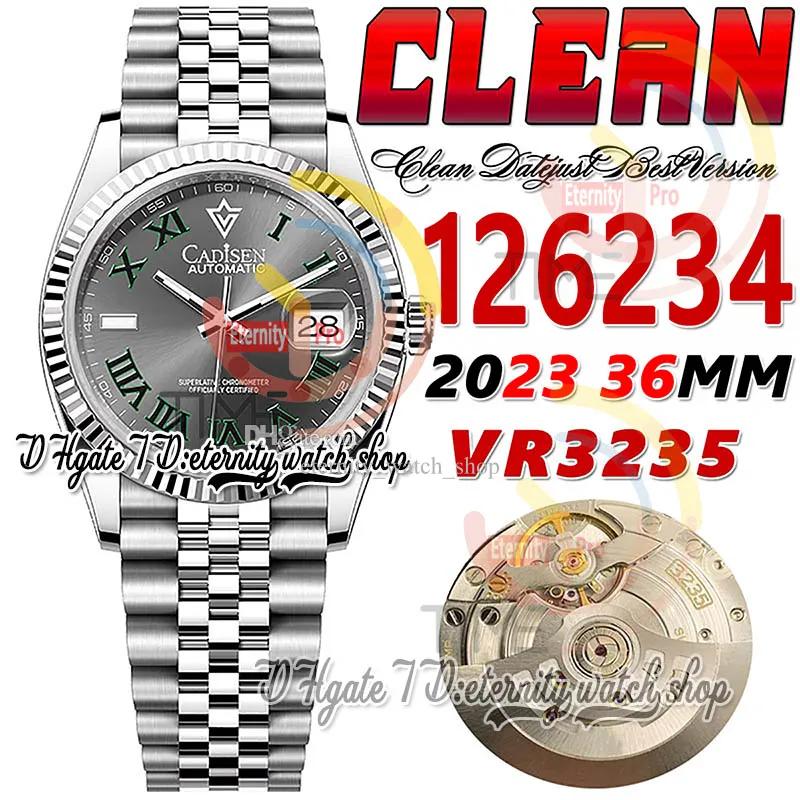 Clean CF 126234 VR3235 Automatisch unisex horloge Heren dameshorloge 36 mm grijsgroene wijzerplaat Romeinse markeringen 904L Jubileesteel-armband Super Edition