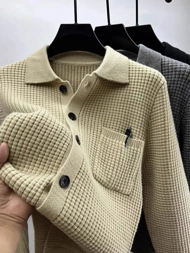 Men Blends High end Waffle Knitted Cardigan 2023 Autumn Winter Fashion Polo Collar Korean Sweater Casual Solid Coat 231016