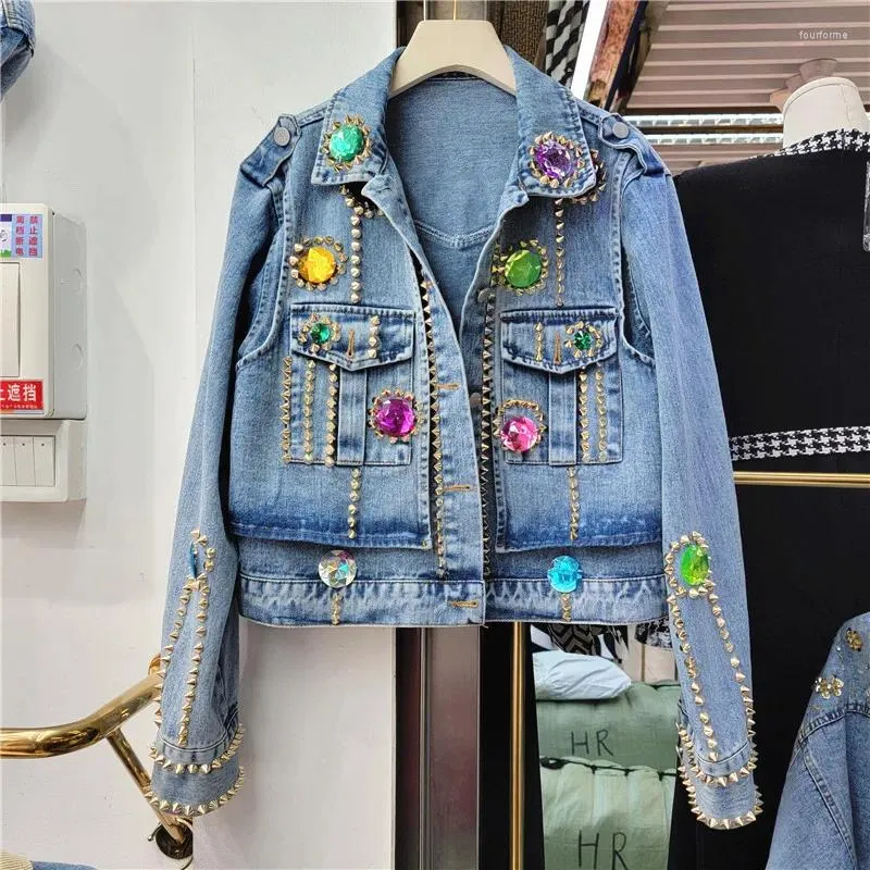 Women's Rivet Denim Jacket Spring Fashion, Diamond Embellished, Loose Fit  Streetwear Jeans Coat, Casual Lapel, Long Sleeve Buy Now!