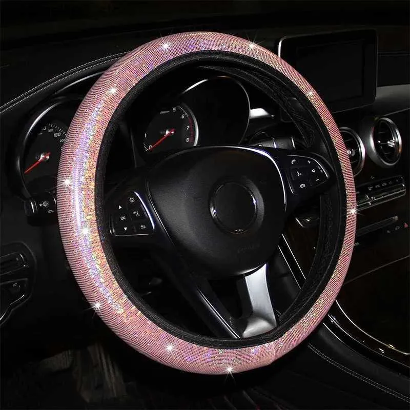 Couvre volant Couvre-volant de voiture universel 38mm Faux cuir strass Imitation diamant anti-dérapant rose couvre-volant pour les filles Q231016