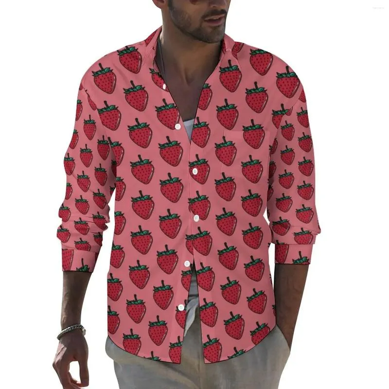 Chemises décontractées pour hommes FRAISE ROSE Chemise Hommes Fruit Printemps Y2K Design Blouses À Manches Longues Vintage Oversize Vêtements Cadeau D'anniversaire