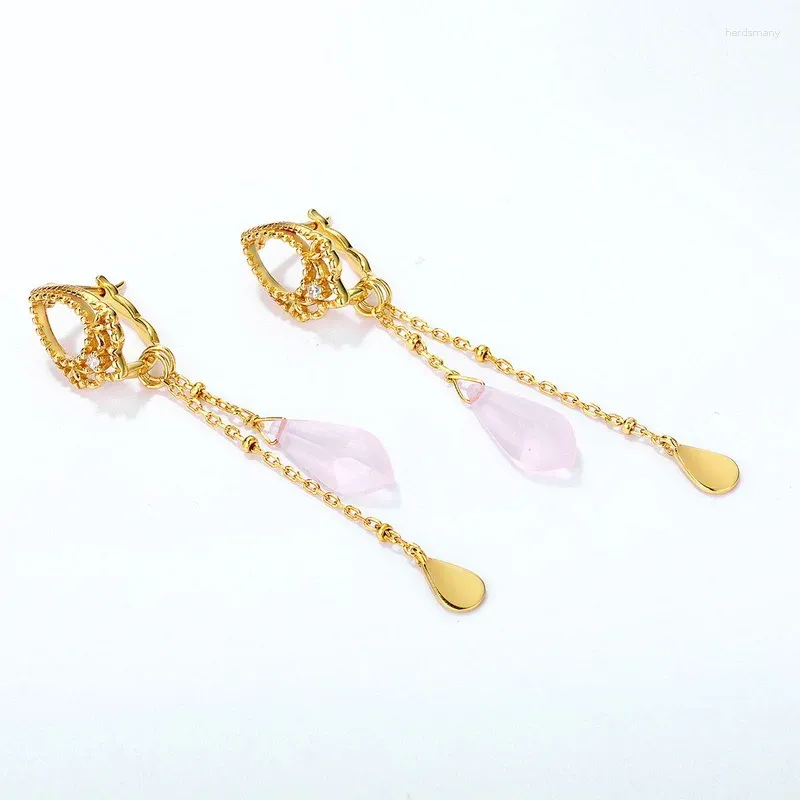 Boucles d'oreilles pendantes en cristal Rose pour femmes, en argent Sterling S925 plaqué or 9k, pompons en pierre de Quartz Rose, bijoux en pierres précieuses