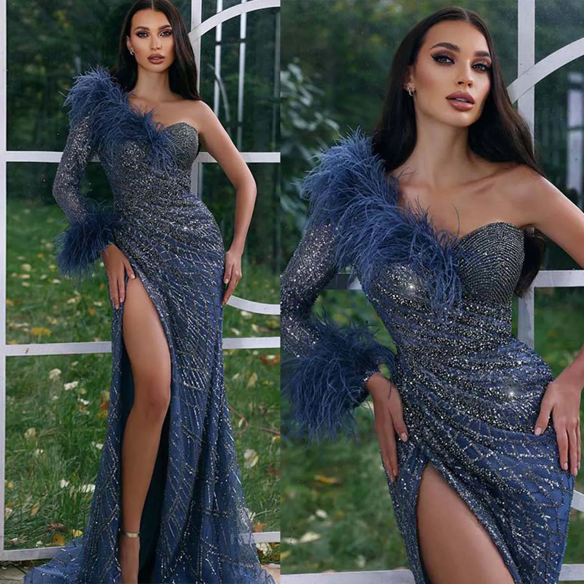 Superbe robe de bal sirène asymétrique épaule dénudée, Sexy, fente haute, paillettes, dentelle, plumes, robe d'occasion formelle, robes de soirée Aso Ebi