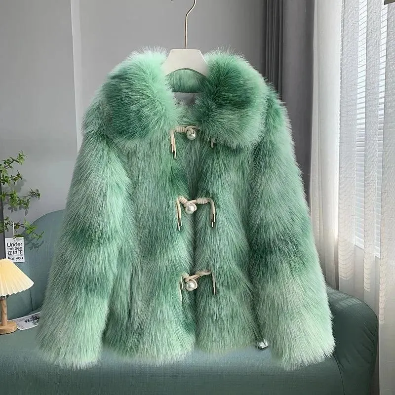 Women's Fur 2023 Korea Faux Grass Coat Winter Jacket Mid Long Pearl Buckle Artificial Female Outerwear Cothing